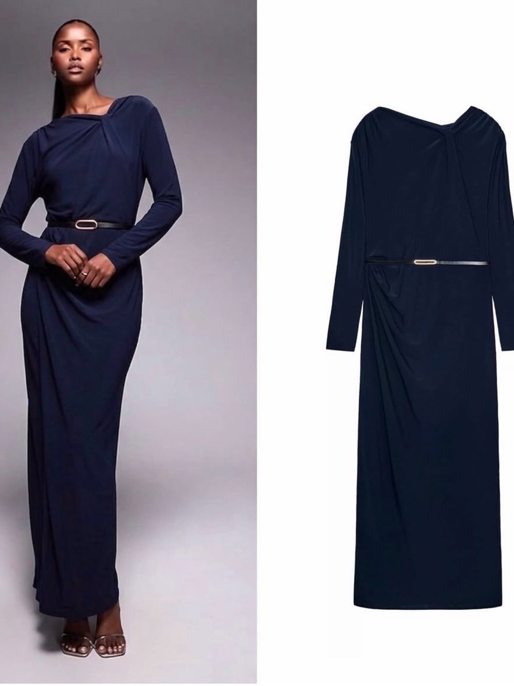 Zara Navy Long-Sleeve Draped Maxi Dress with Belt